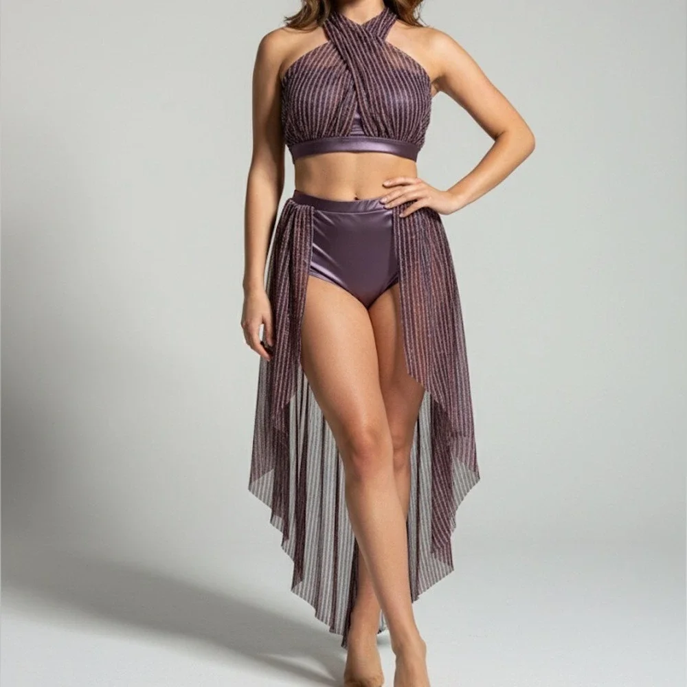 Double Platinum purple shimmer Halter Crop Top and Skirt Kids Dance Costume‎ AXS